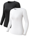 Women's Long Sleeve Compression Shirt Sun Protection Workout Underscrubs - Small, 2 Pack Black & White