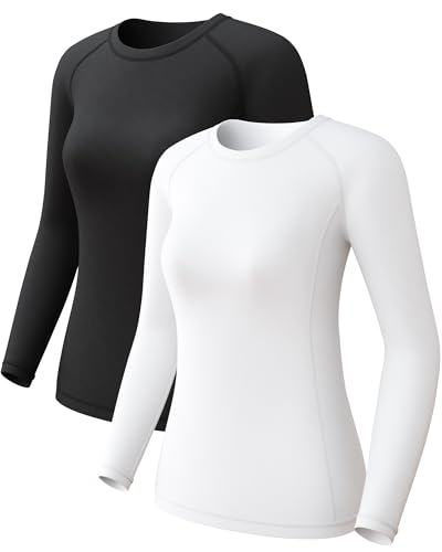 Women's Long Sleeve Compression Shirt Sun Protection Workout Underscrubs - Small, 2 Pack Black & White