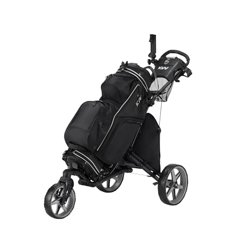 KVV 3-Wheel Golf Push Cart with 360° Swivel Front Wheel, Quick Fold & Umbrella Holder - Black/Charcoal