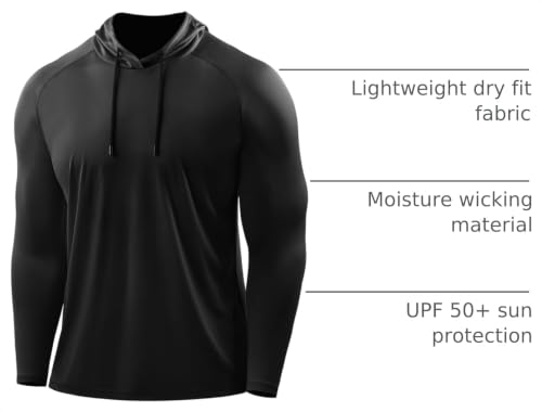 Men's Long Sleeve Fishing Shirt UPF 50+ Sun Protection Dry Fit Hoodies - X-Large Black