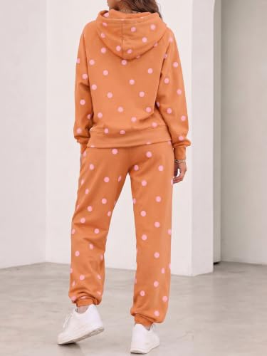 Fisoew Women's Polka Dot 2 Piece Set Large Brown Long Sleeve Hooded Top & Jogger Pants