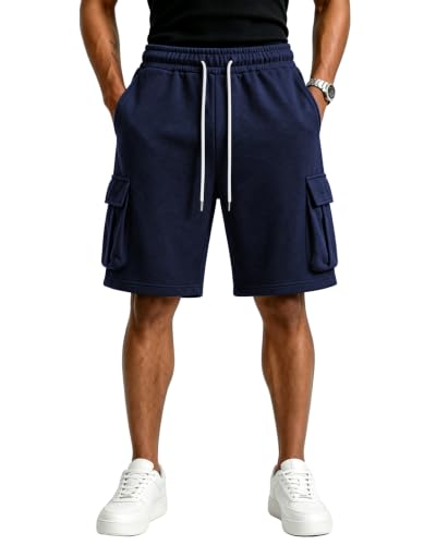 Men's Cargo Sweat Shorts - Athletic Baggy Shorts with 5 Pockets - Medium Navy Blue