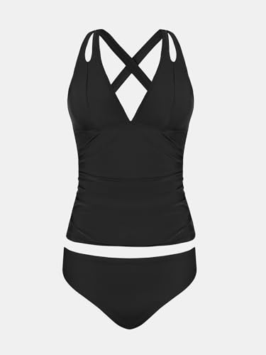 Women's Tankini Set V Neck Crossback Bathing Suit Ruched Tummy - Large Black