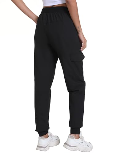 Women's Lightweight Cargo Hiking Pants with Pockets - Large, Dark Black, Elastic Leg Openings