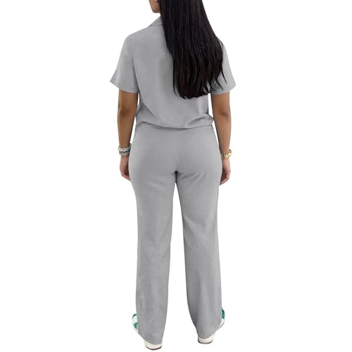 Women's 2 Piece Lounge Sets Polo Shirt & Wide Leg Pants, Grey, Small