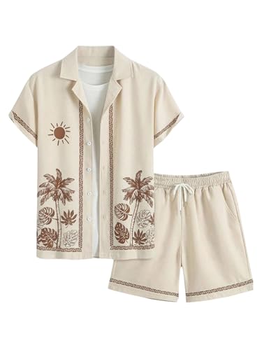 VIPWOLF Men's Summer Vacation Cruise Outfits 2 Piece Hawaiian Shorts Sets - X-Large Apricot