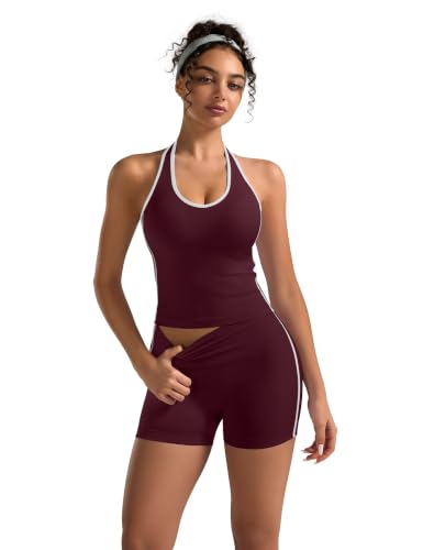 Women’s Workout Sets 2 Piece Halter Crop Top & Scrunch Butt Shorts - Plum Medium