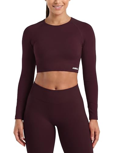 AUROLA Women's Seamless Long Sleeve Crop Top Workout Shirt - Medium Black Cherry