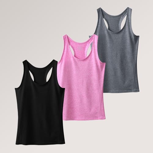 Women's Workout Tank Top 3-Pack Athletic Racerback Sports Compression Sleeveless Dry Fit - Medium, Black Gray Pink Variation