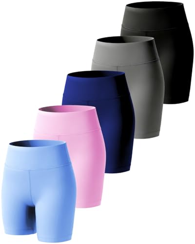 Girls Bike Shorts 5 Pack High Waisted Athletic Shorts for Kids & Teens - Large / Black, Light Gray, Navy, Pink, Light Blue