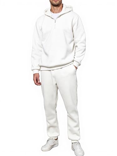 Men's Tracksuits Long Sleeve Casual Sweatsuits Quarter Zip Hoodie with Track Pants - XX-Large White