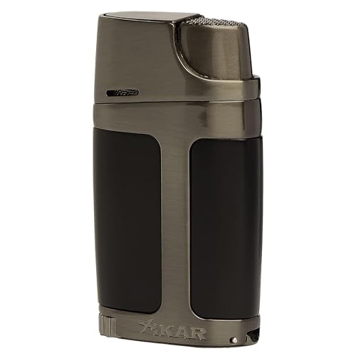 Refillable Double Jet Flame Cigar Lighter with 9mm Punch & Adjustable Flame - Black with Gunmetal