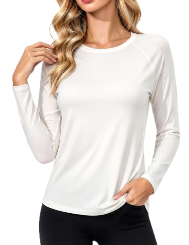Women's Long Sleeve Sun Shirt UPF 50+ Quick Dry Swim Top - Medium White