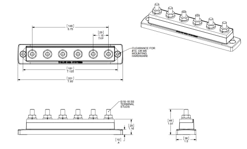 250A MaxiBus BusBar with 6 Studs - No Cover, 2126, 300V AC/DC