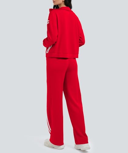 Women's 2 Piece Lounge Sets Zip Up Sweatshirt & Striped Tracksuit - Medium Red