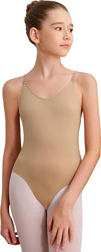 Girls Seamless Nude Camisole Leotard with Clear Straps - Size 10-14 Years