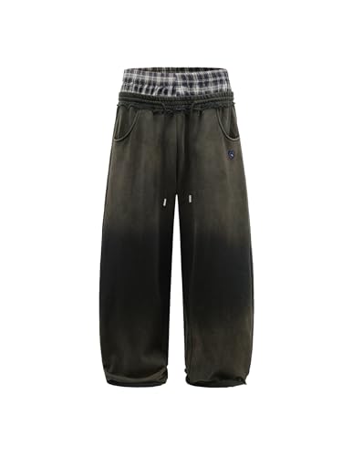 Large Dark Grey Double Waist Washed Baggy Sweatpants - Loose Wide Leg Casual Pants with Pockets