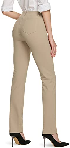 Women's Yoga & Dress Pants - Medium Petite Khaki Business Casual Slacks with 4 Pockets