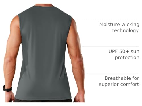 Men's UPF 50+ Quick Dry Sleeveless Muscle Shirt - Dark Grey, Large