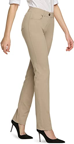 Women's Yoga & Dress Pants - Medium Petite Khaki Business Casual Slacks with 4 Pockets