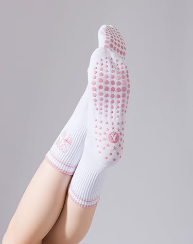 Yoga Grip Socks for Women, 3-Pack with Red, Pink & Brown Embroidered Non-Slip Socks - One Size