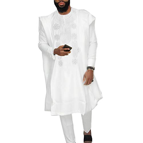 HD African Mens Agbada Outfit Set 3 Pieces White 4X-Large Embroidered Dashiki Shirt and Pants