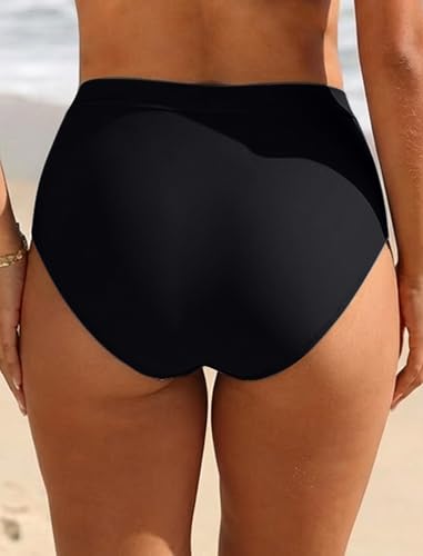 High Waisted Bikini Bottoms for Women Ruched Full Coverage Swimsuit Black 16
