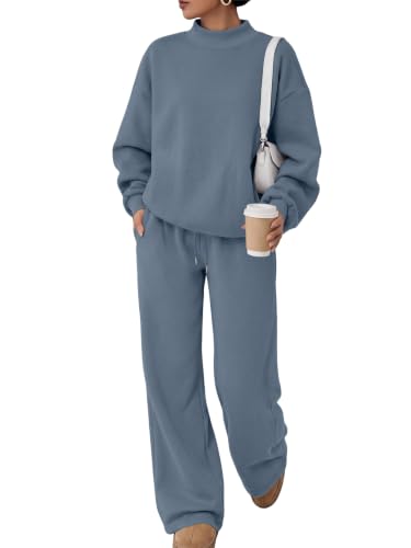 Women's Mock Neck Sweat Sets - 2 Piece Fall Outfits, Medium / Grey Blue