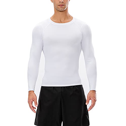 Men's Compression Long Sleeve Athletic Shirt Large White Quick Dry Workout Base Layer