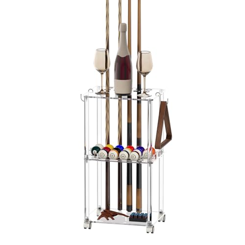 Clear Pool Cue Rack with Casters for 10 Cues & 16 Balls - Portable Billiard Stand