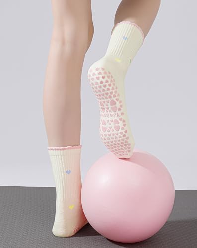 Women’s Pilates Grip Socks Pink Mini Heart One Size - Cute Embroidered Yoga Socks