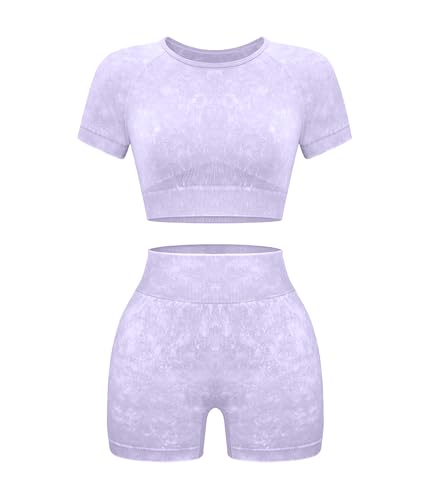Women’s Acid Wash Workout Sets - Purple Medium, Crop Top & Running Shorts