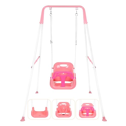 Pink 3-in-1 Toddler Swing Set for Indoor & Outdoor Use, Heavy Duty Baby Swing