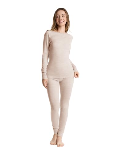 Woolcano Women's Merino Wool Thermals Base Layer Set Large Oatmeal