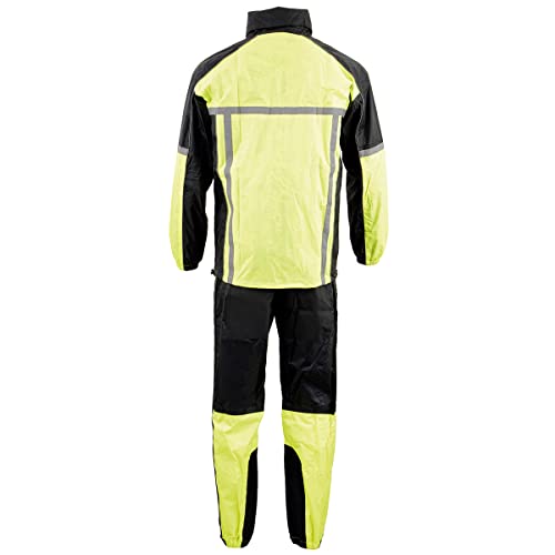 Men's Water-Resistant Motorcycle Rain Suit - Neon Green, Large with Hi Vis Reflective Tape