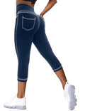 VOOVEEYA High Waisted Yoga Leggings with Back Pockets - Capri Navy Blue, 19 Inseam