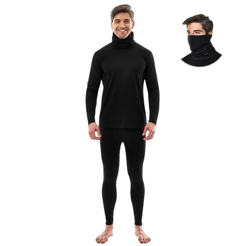 Large Merino Wool Base Layer Men Thermal Underwear Set with Neck Gaiter - Black