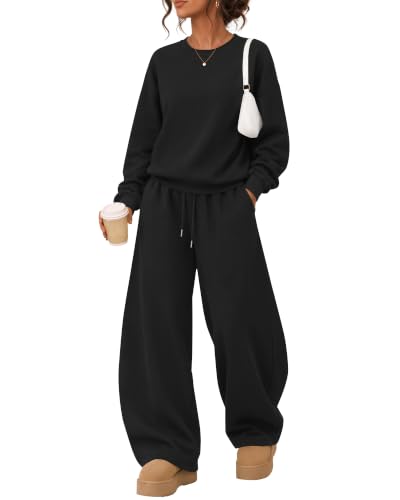Women 2 Piece Sweat Set - Medium Black Matching Lounge Outfit