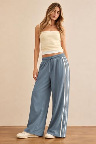 Large Dusty Blue Stripe Lace Trim Wide Leg Sweatpants for Women - Drawstring Activewear