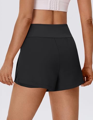Women's 2-in-1 High Waist Running Shorts with Pockets - Black, Large