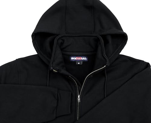 BOCOMAL Men's Heavyweight 14oz Zipper Hoodie Mock-Neck Fleece Jacket - Large Black