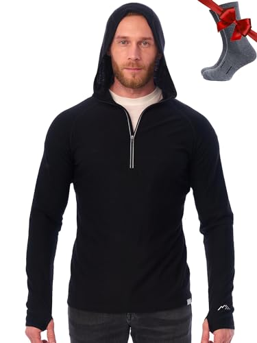 Men's Merino Wool Hoodie Large Black - Slim Fit Quarter Zip Thermal Base Layer