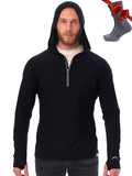 Men's Merino Wool Hoodie Large Black - Slim Fit Quarter Zip Thermal Base Layer