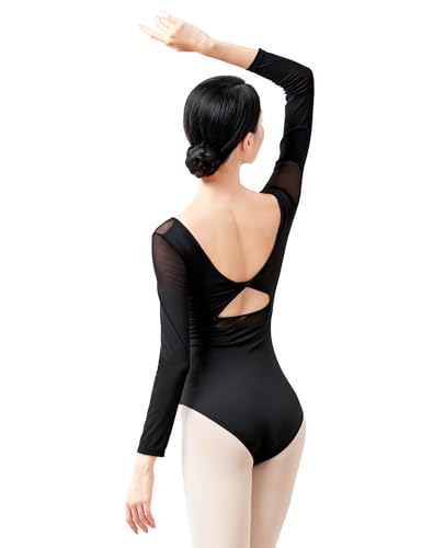 Women Ballet Leotard Long Sleeve Bodysuit - Medium Black