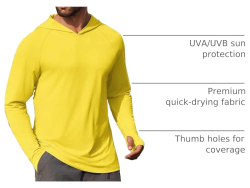 Yellow Men's UPF 50+ Long Sleeve Hoodie Shirt for Sun Protection - Lightweight Quick Dry Fishing Rash Guard