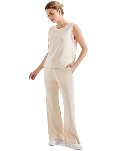 Women’s 2-Piece Lounge Set - Wide Leg Sweatpants & Sleeveless Top, Medium Apricot