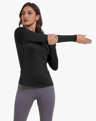 Women's Long Sleeve Compression Shirt Sun Protection Workout Underscrubs - Small, 2 Pack Black & White