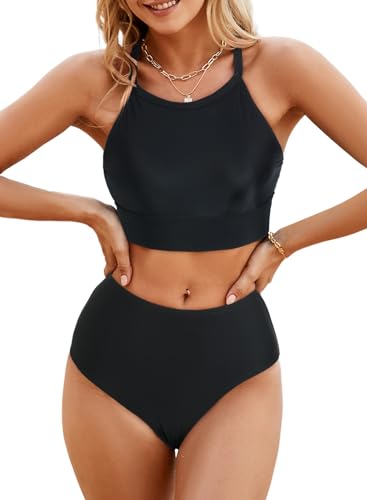 Herseas Women's High Neck High Waist Bikini Set - All Black X-Small