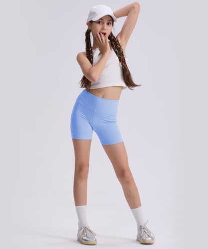 Girls Bike Shorts 5 Pack High Waisted Athletic Shorts for Kids & Teens - Large / Black, Light Gray, Navy, Pink, Light Blue