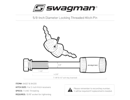 Locking Threaded Hitch Pin 5/8-Inch Diameter for Bike Racks